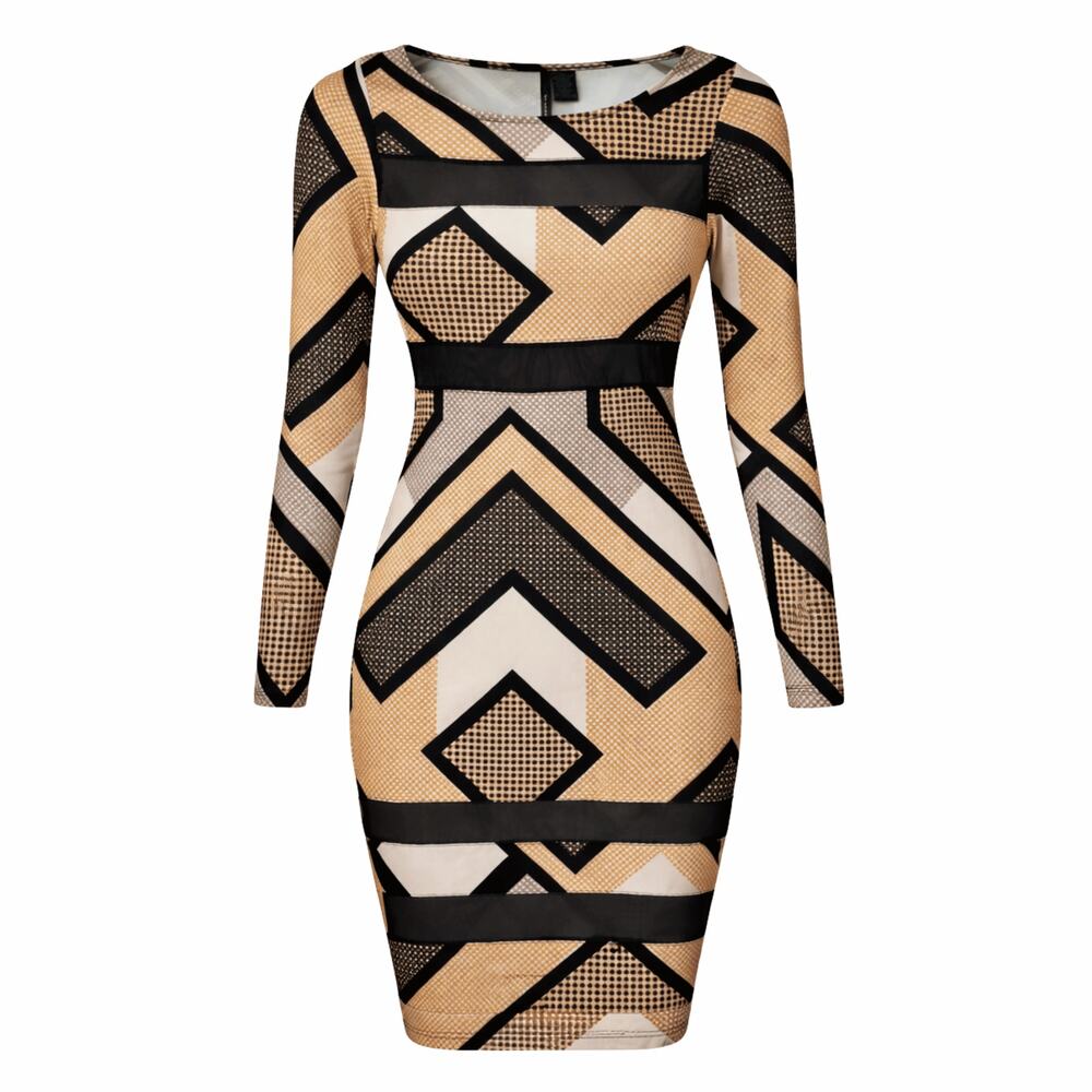 Fire Los Angeles Sz XS Geometric Dress Sheer Stripes Long Sleeves